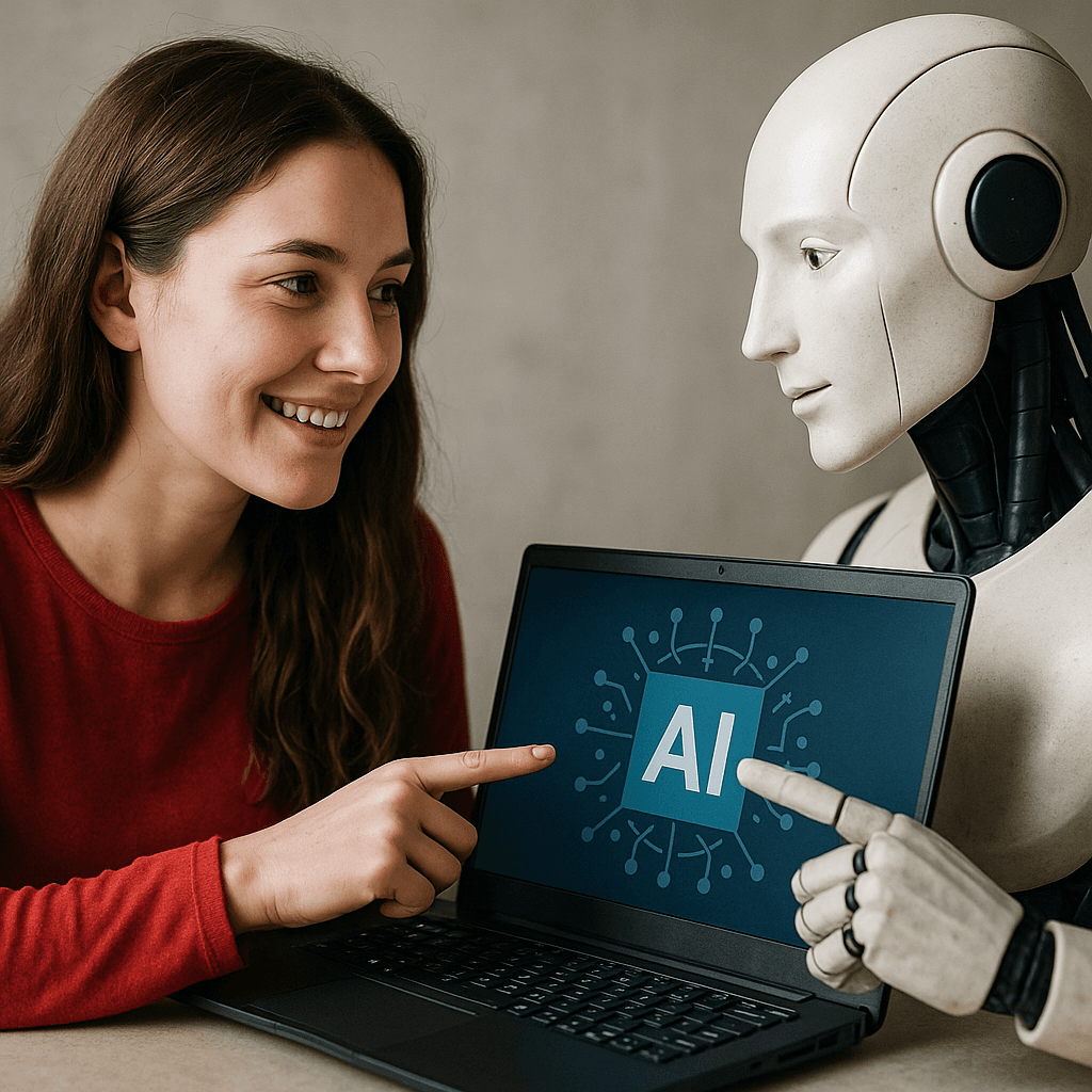 Business professionals collaborating with AI technology and digital interfaces