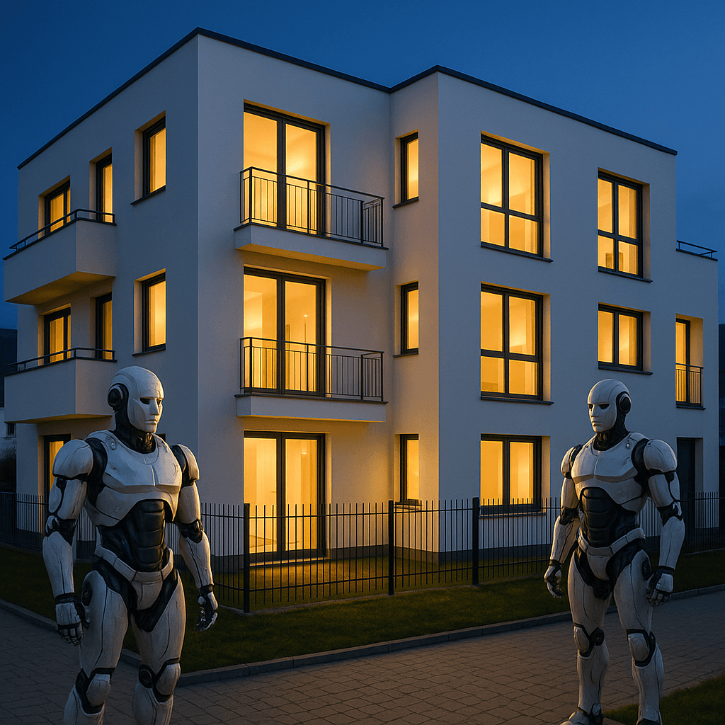 Real estate professionals using AI analytics with property data visualization